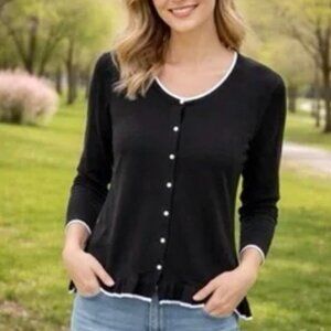 Melrose Chic Cardigan, Flare Cuff & Ruffled Bottom,‎ Black & White, Size L